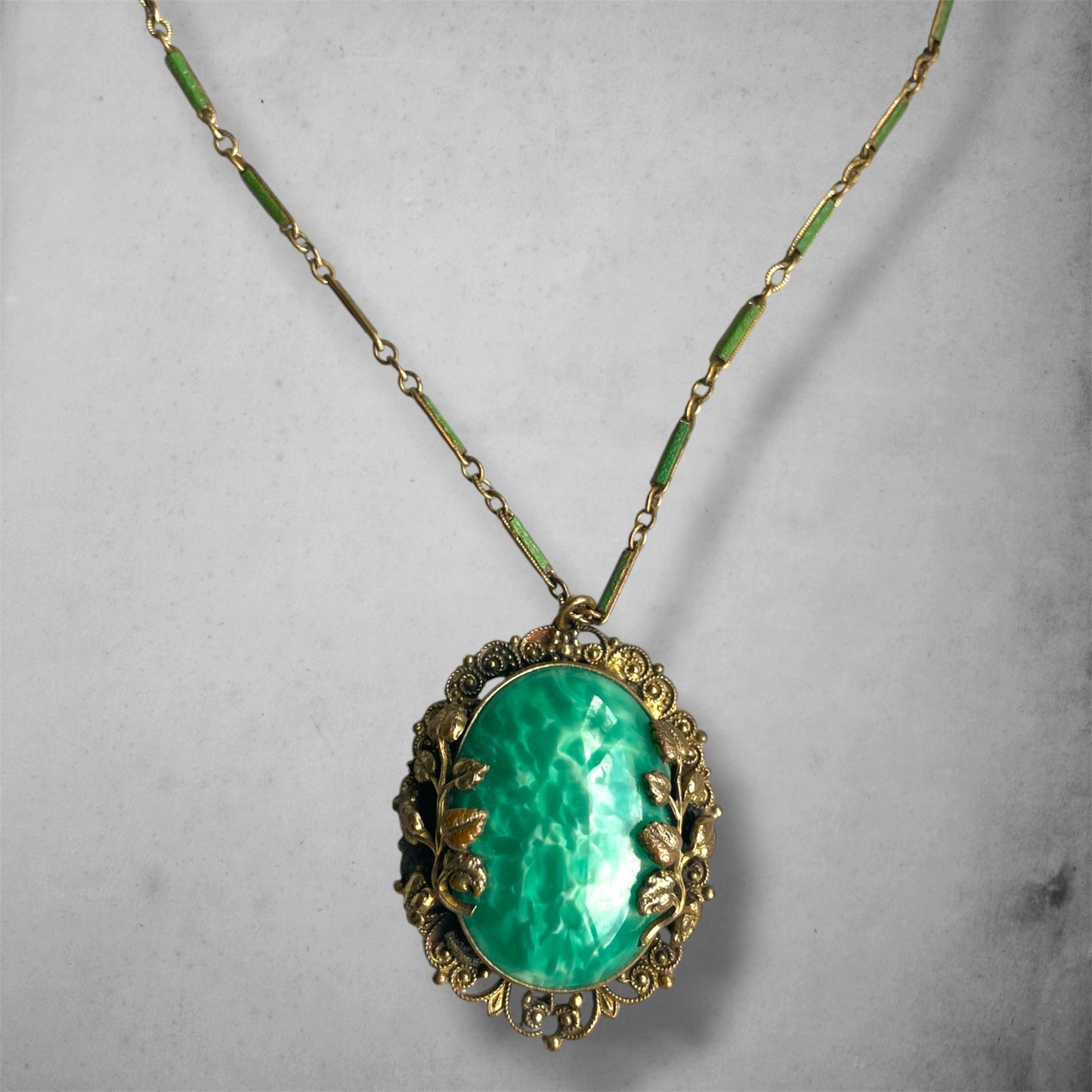 Art Nouveau Czech Peking Green Marble Art Glass Enamel Brass Filigree Necklace