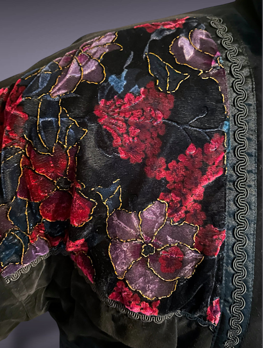 80’s 90’s Black Velvet Puffer Coat w/ Red & Purple Gold Crush Velvet Rose Detail