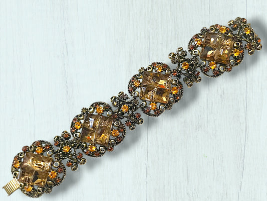 Incredible Vintage Chunky Faceted Amber & Topaz Crystal Designer Bracelet