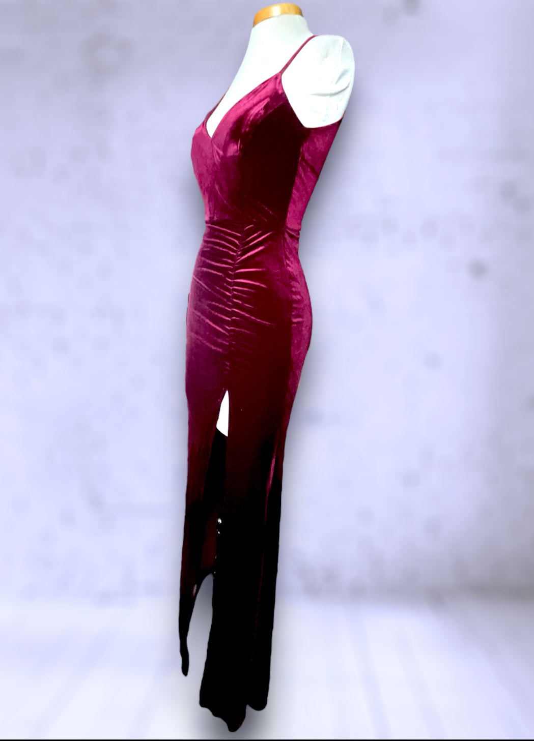 Vintage 1990’s Maroon Red Stretch Velvet Ruched Long Dress