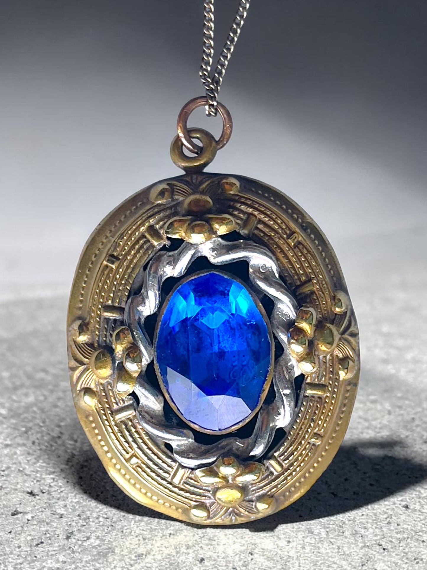 Art Nouveau Royal Blue Czech Art Glass Silver & Brass Filigree Necklace