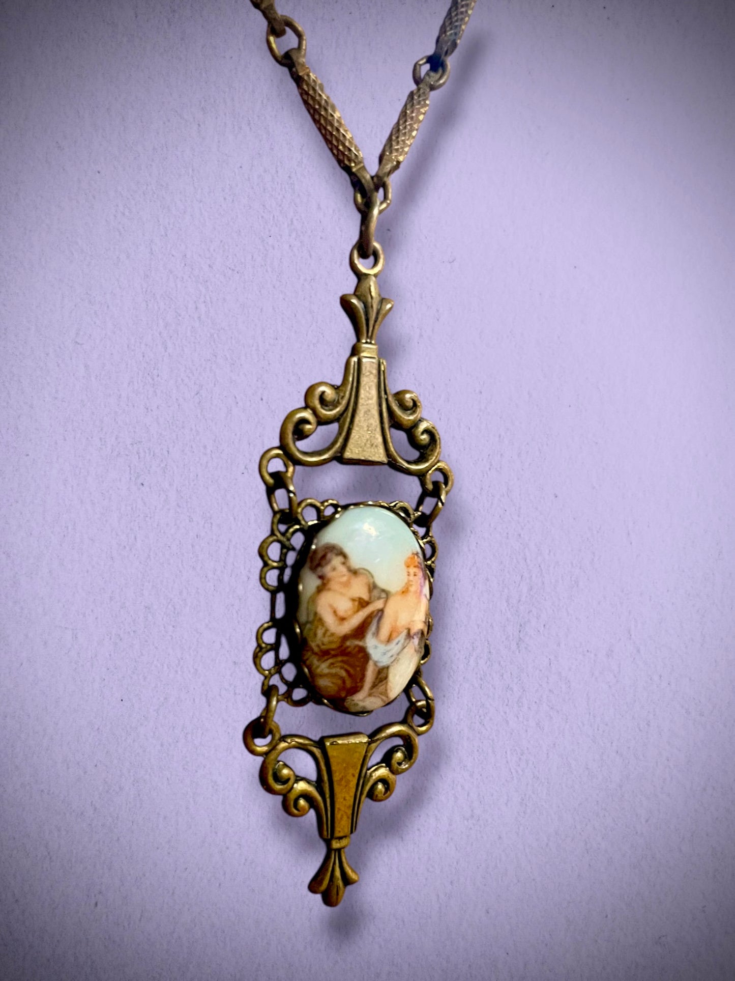 Art Nouveau Rococo Porcelain Limogé Renaissance Cameo Flourish Brass Pendant Necklace