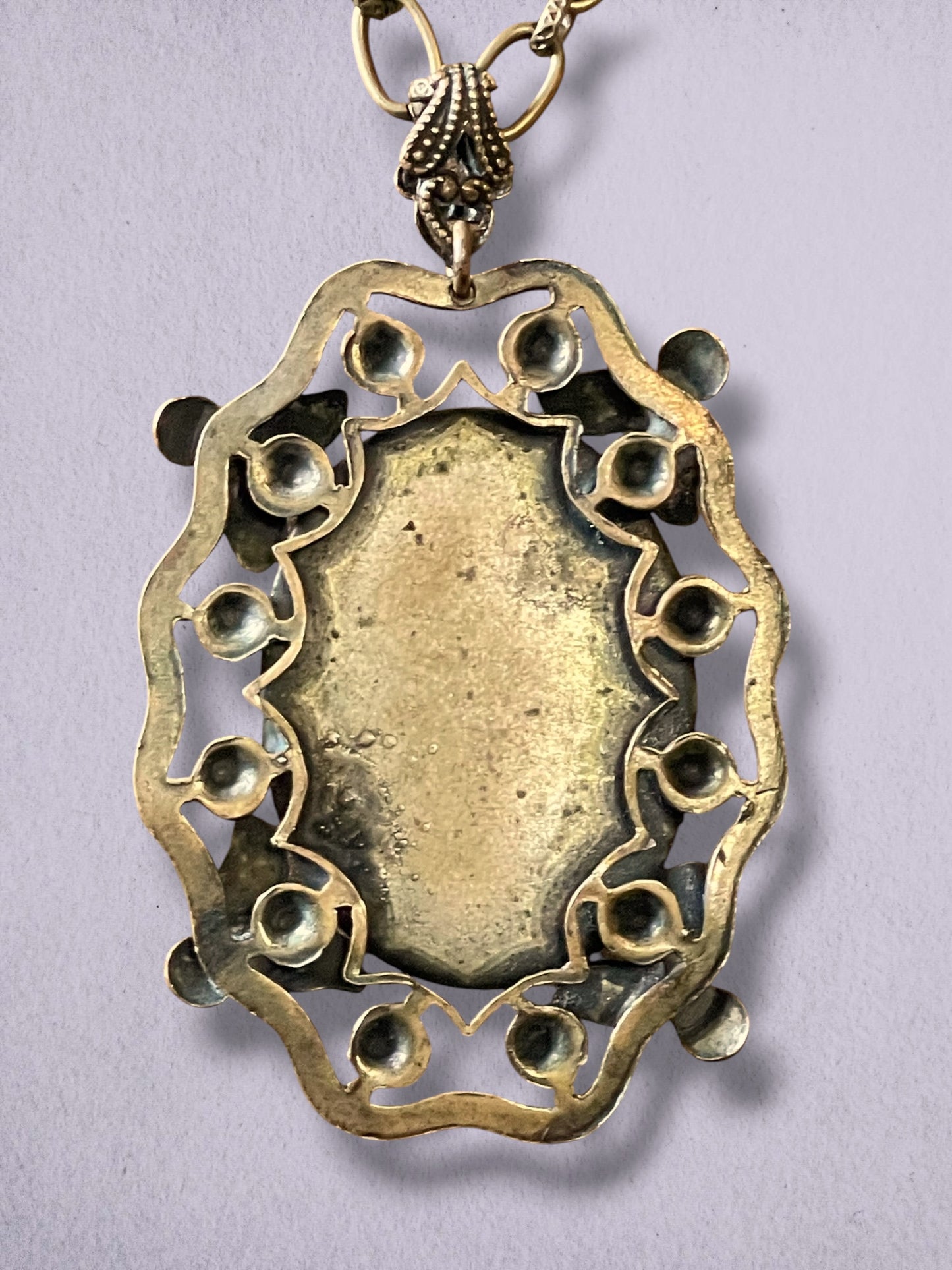 Czech Brass Filigree Nieger Brothers Blue art Glass & Enamel Necklace