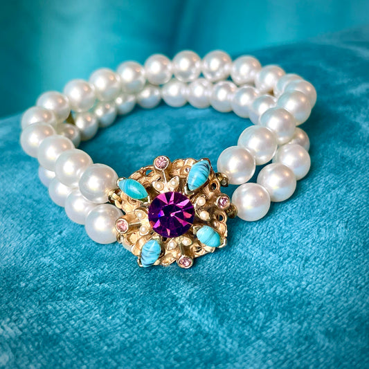 Mid Century Modern Turquoise Hubble Glass, Purple Crystal & Pearl Bracelet, Brooch, Earrings Demi Parure Set