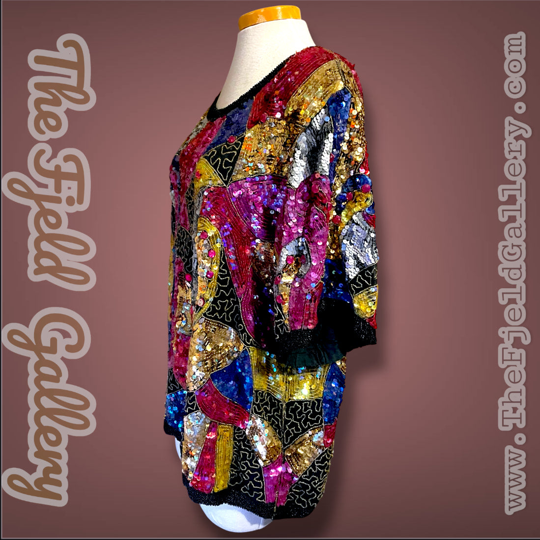 1970’s 100% Silk Sequin, Glass Seed Bead & Rhinestone Abstract Rainbow Top