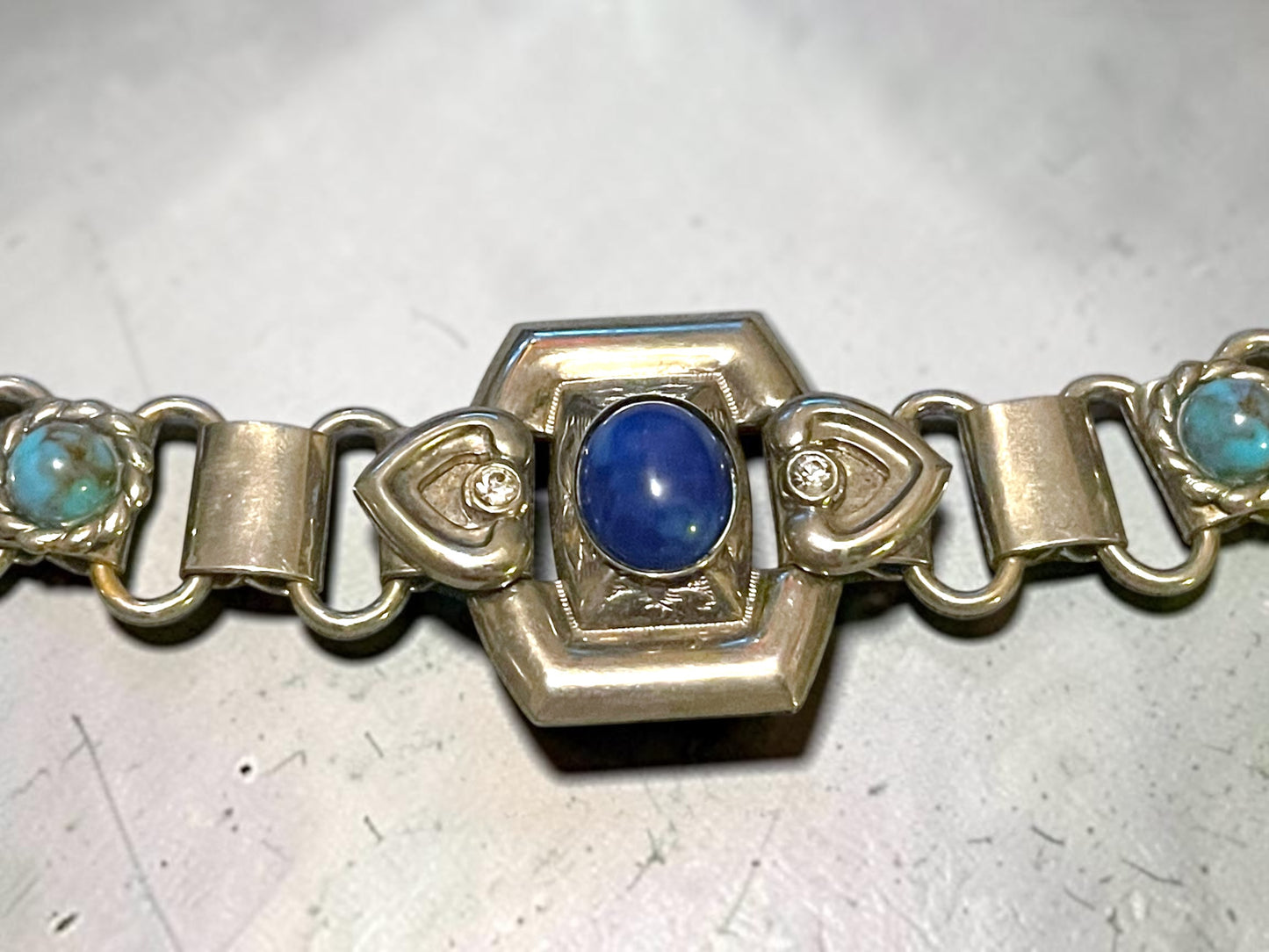 Victorian Chunky Silver Book-link Chain, Blue Lapis & Turquoise Art Glass & Crystal Rhinestone Collar Necklace