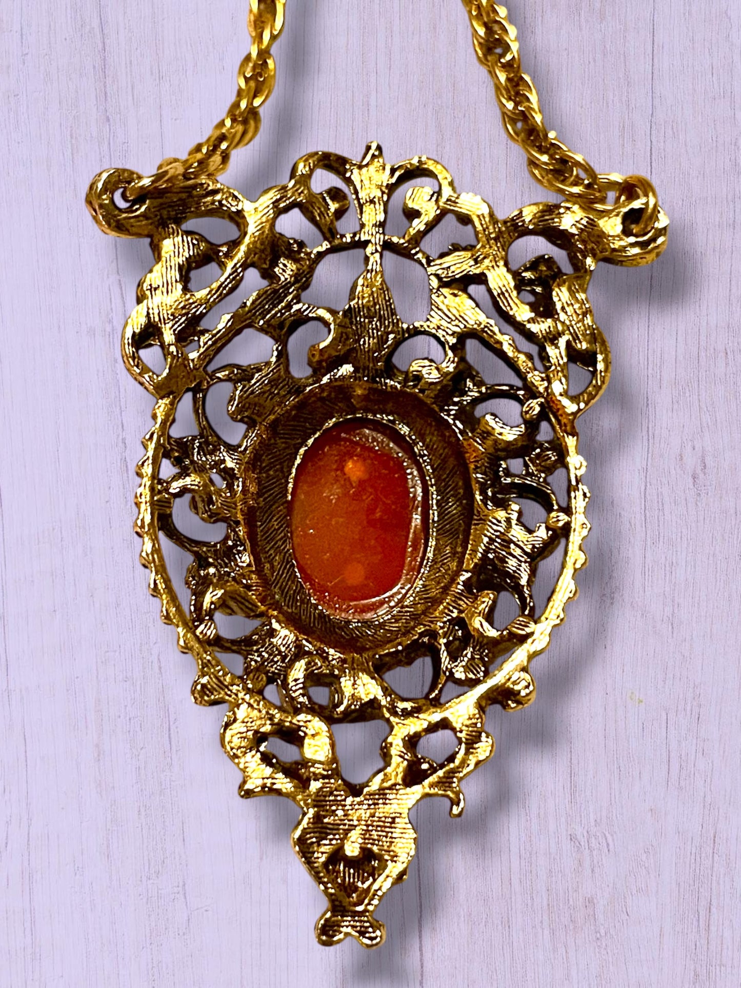 Ornate Victorian Rococo Revival Double Cameo Drop Pearl Necklace