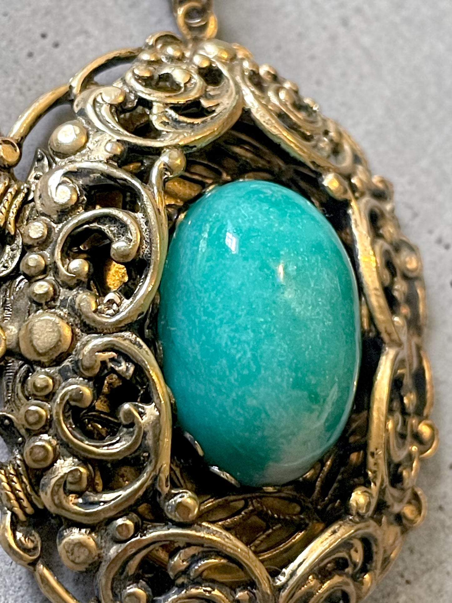Art Nouveau Amazonite Brass Ornate Flourish Filigree Pendant Necklace
