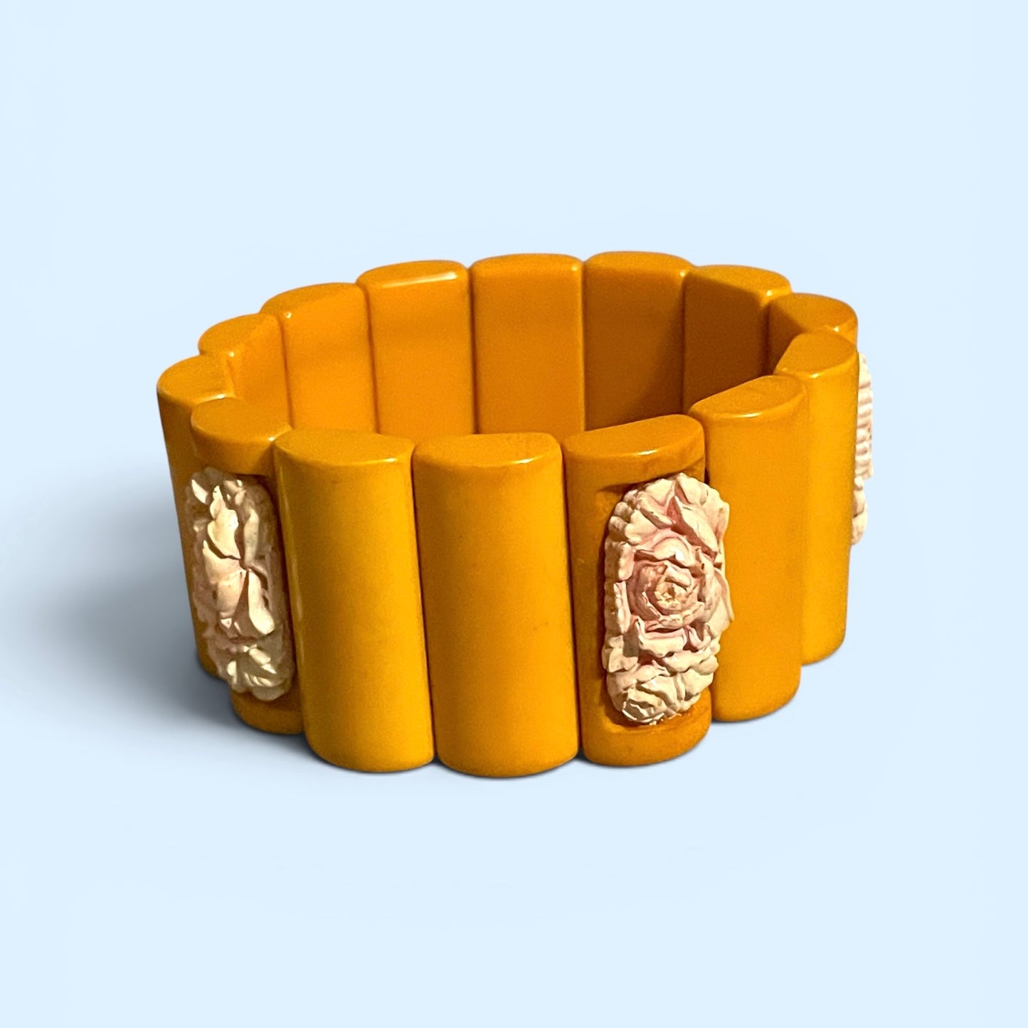 Antique Butterscotch Bakelite & Pink Molded Rose Celluloid Link Stretch Bracelet