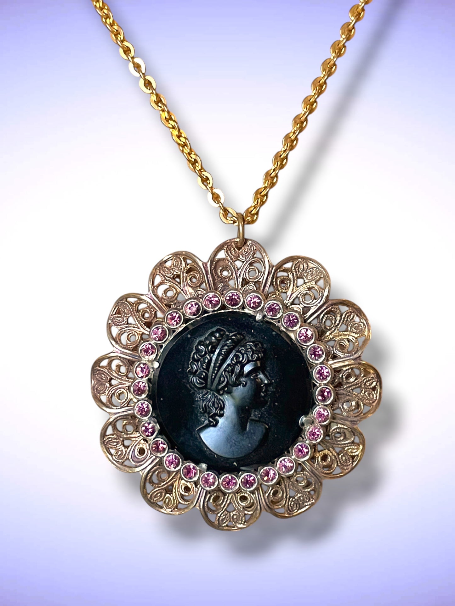 Czechoslovakian Brass Filigree, Purple Crystal, Black Art Glass Mourning Cameo Necklace