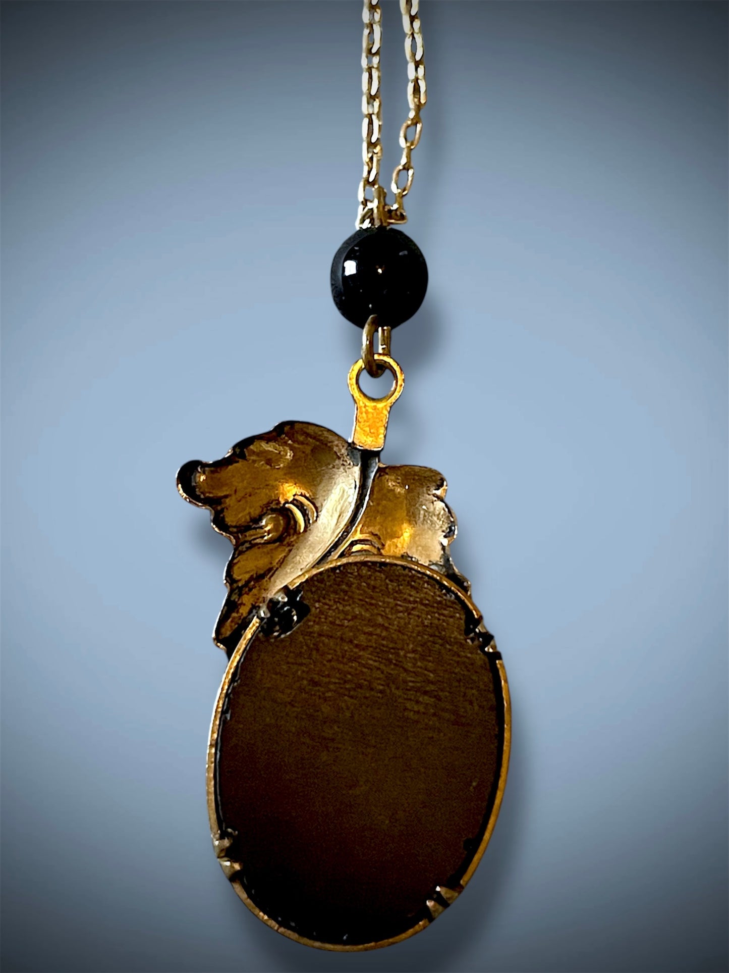 Vintage Pididdly Links Brass Art Nouveau Leaf Set Black Mourning Cameo Necklace