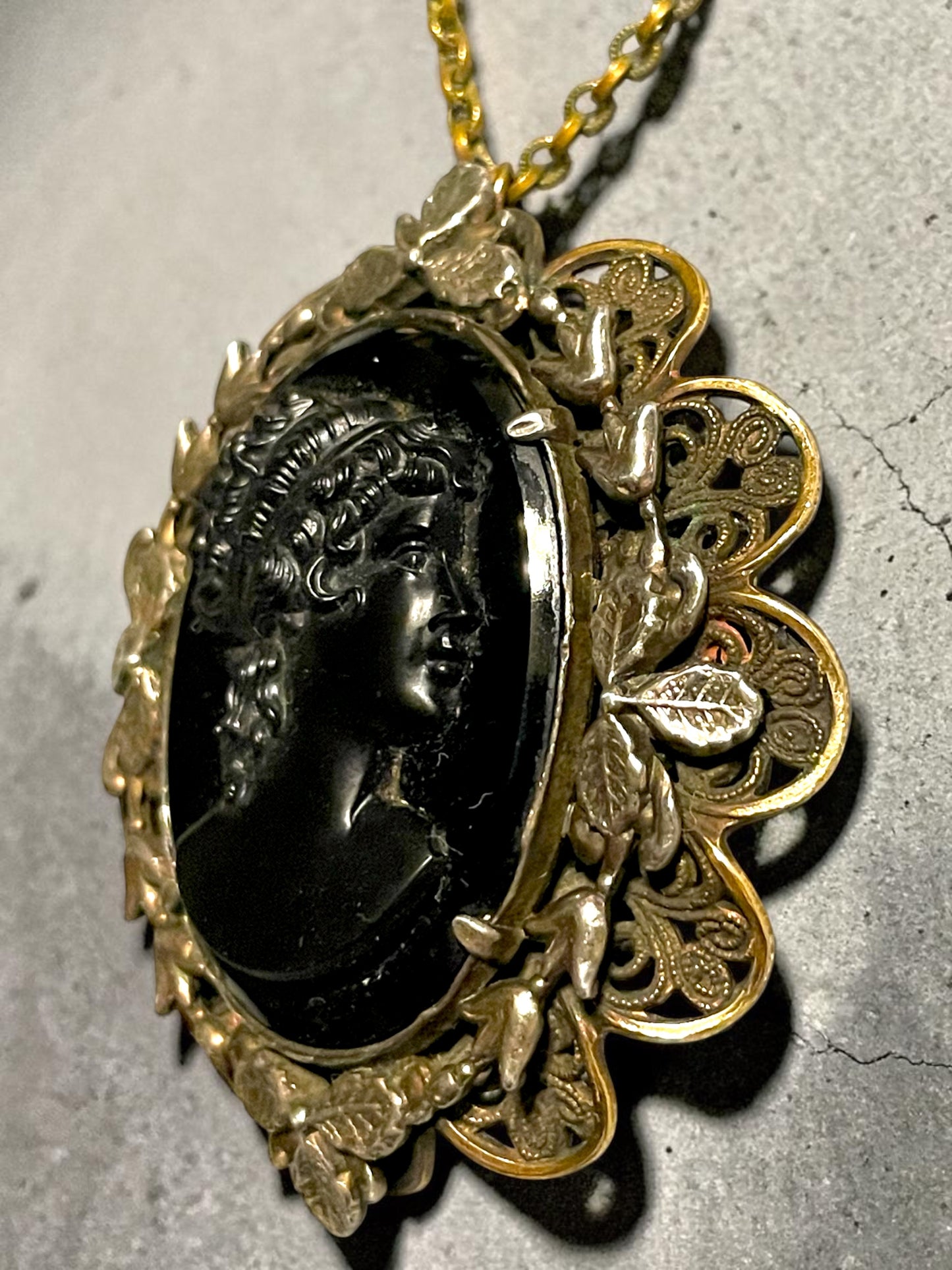 Gothic Czech Brass Filigree Black Jet Glass Mourning Cameo Silver Garland Pendant Necklace