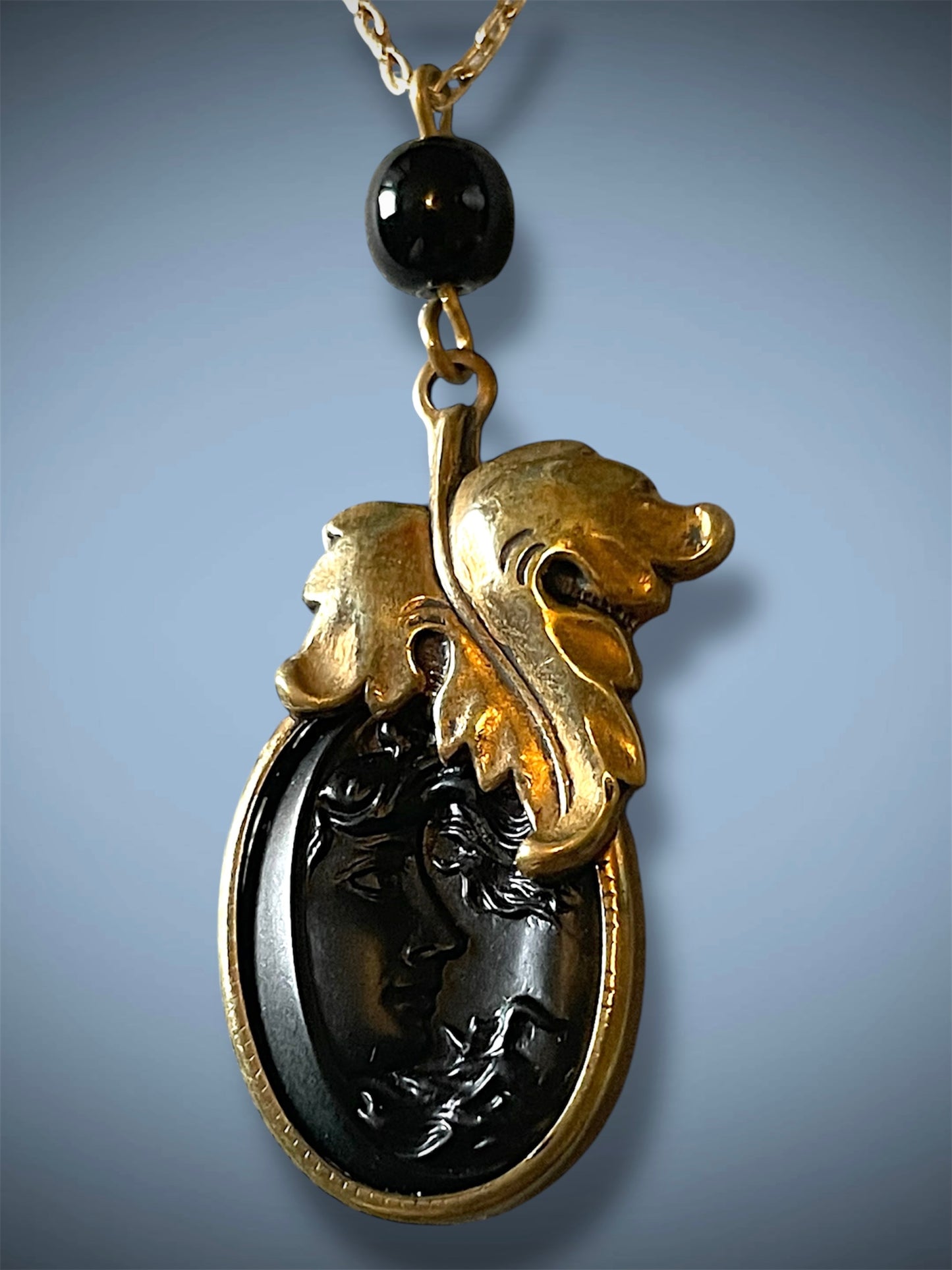 Vintage Pididdly Links Brass Art Nouveau Leaf Set Black Mourning Cameo Necklace