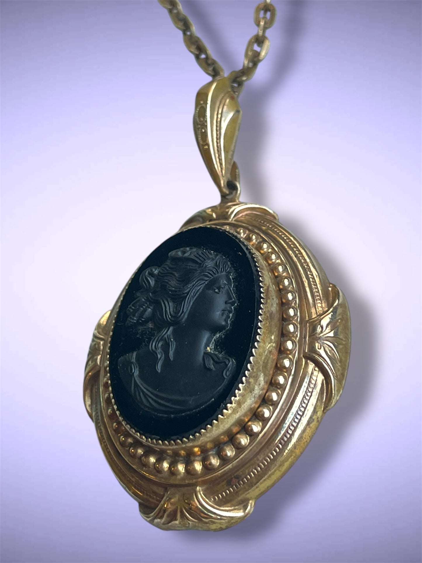 Antique Victorian Gilded Brass Repoussé Hollowwork Black Mourning Cameo Necklace