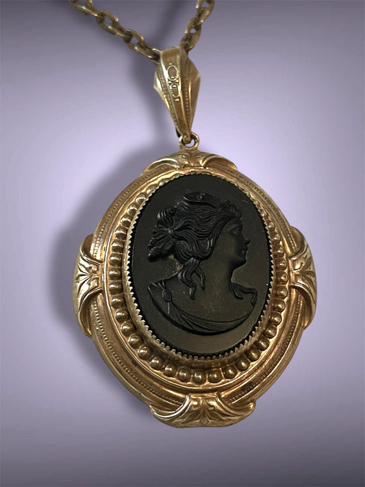 Antique Victorian Gilded Brass Repoussé Hollowwork Black Mourning Cameo Necklace