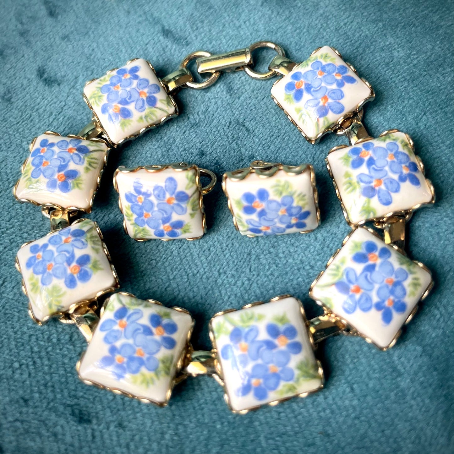 Vintage Blue Forget Me Not Flower Hand Painted Porcelain Limoge Panel Link Bracelet & Earring Demi Parure