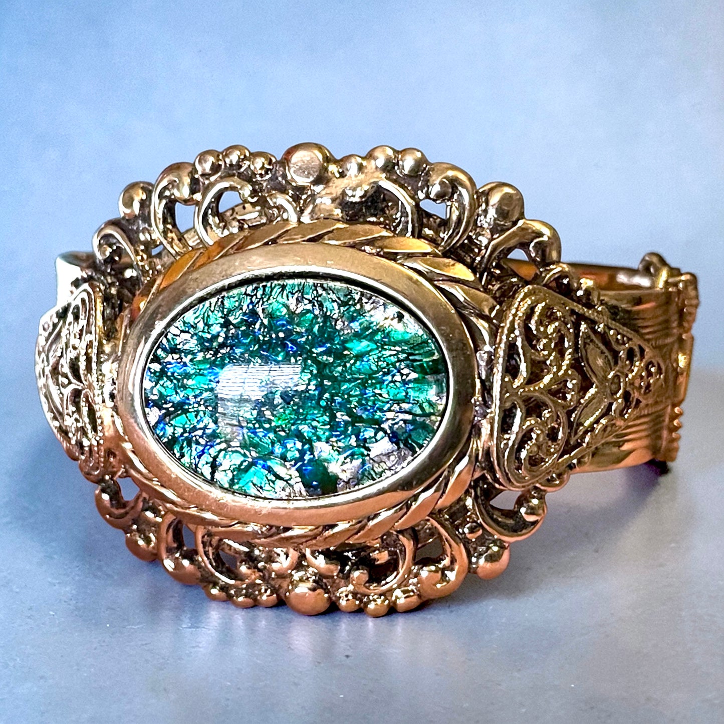 Whiting & Davis Green Dragons Breath Fire Opal Foil Art Glass Gold Brass Filigree Embossed Hinged Clamper Bracelet (Necklace Sold Separately)