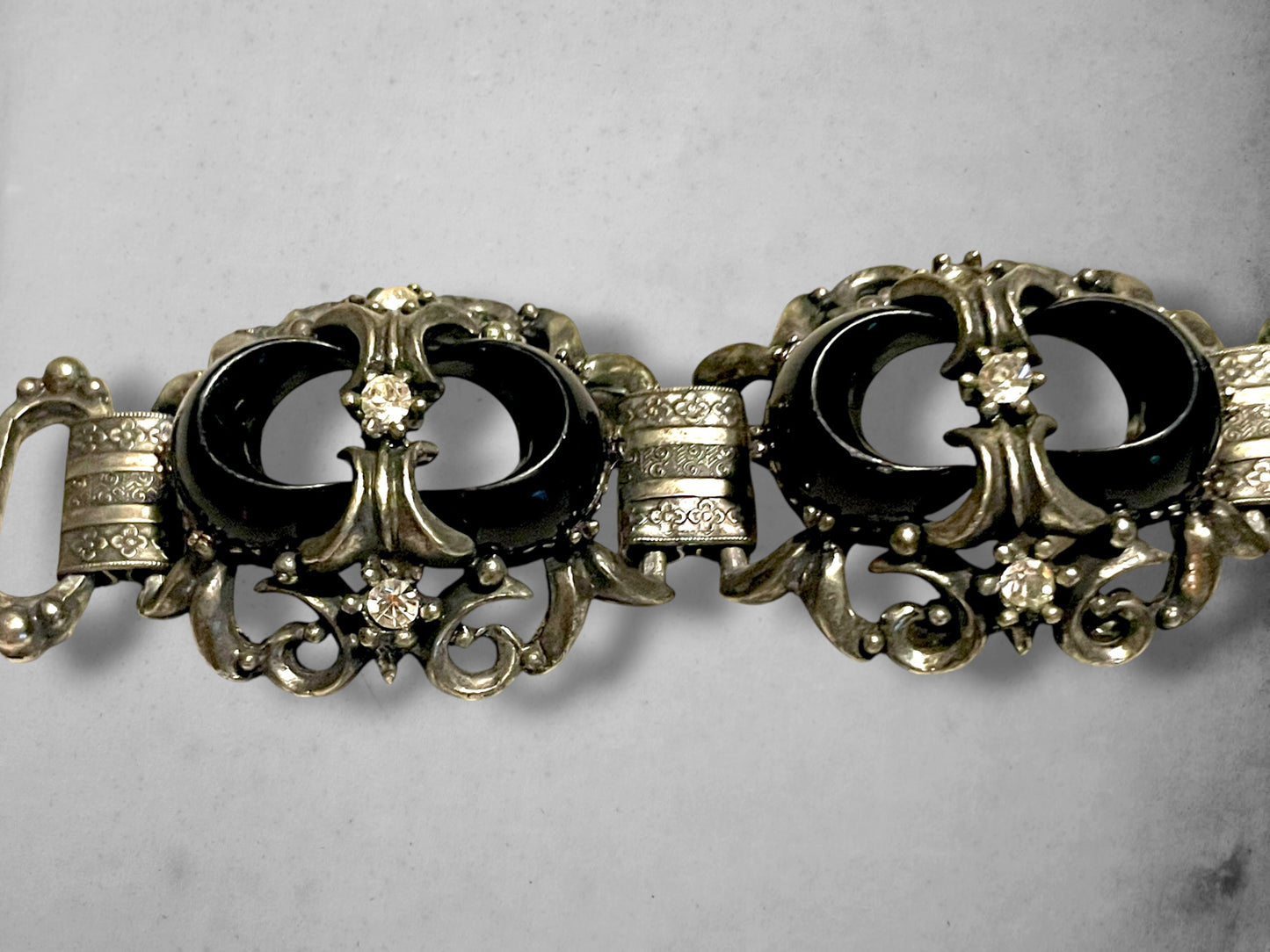 Victorian Booklink Chain Black Crescent Moon Crystal Panel Bracelet