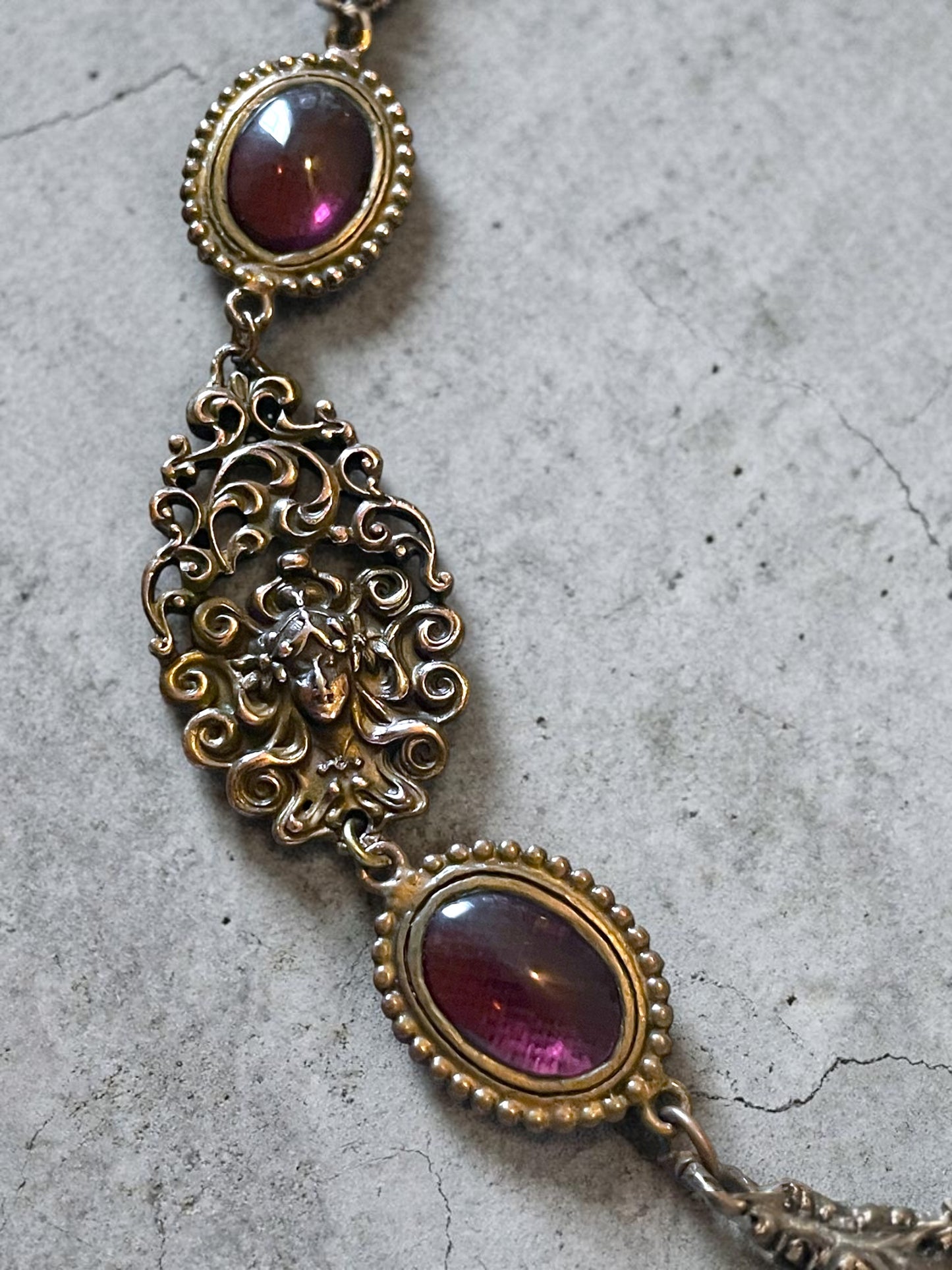 Art Nouveau Woman’s Face Flowing Hair Brass Purple Art Glass Long Necklace