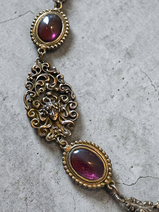 Art Nouveau Woman’s Face Flowing Hair Brass Purple Art Glass Long Necklace