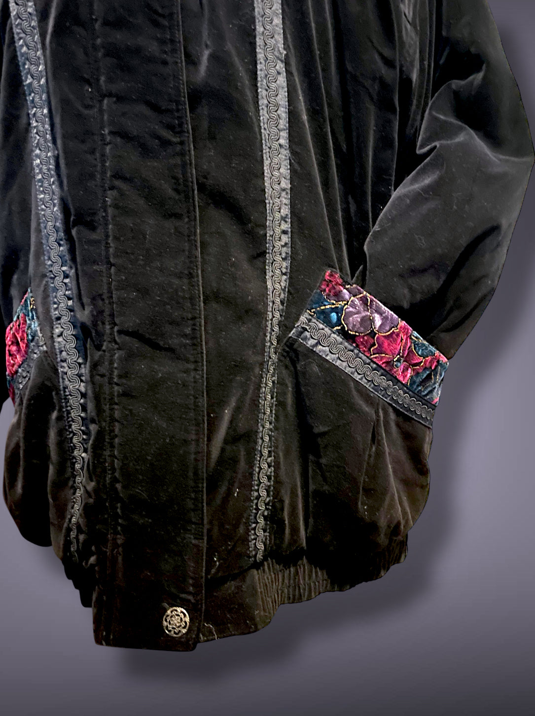80’s 90’s Black Velvet Puffer Coat w/ Red & Purple Gold Crush Velvet Rose Detail