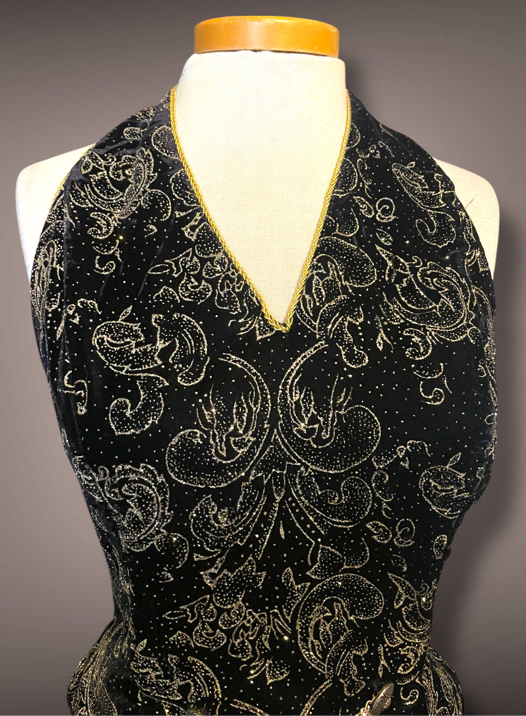 Vintage 1990’s Scott McLintock Black Velvet Maxi Pencil Halter Dress with Gold Glitter Damask Pattern