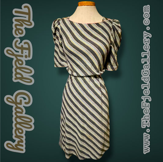 Vintage 1980’s Knit Grey & Pastel Pink, Blue, & Yellow Striped Dress