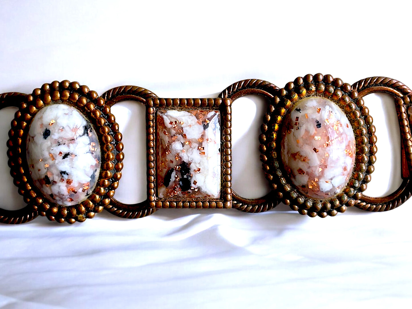 1960’s Copper Link Marble Confetti Foil Art Glass Chunky Bracelet