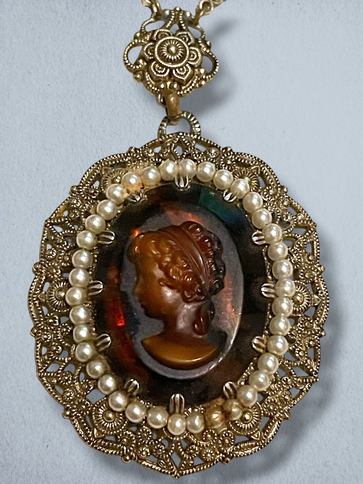 West German Amber Art Glass Cameo, Pearl Brass Filigree Necklace