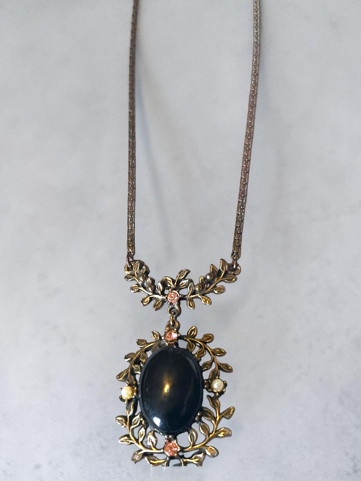 Art Nouveau Brass Leaf Garland Black Art Glass, Pink Crystal & Pearl Necklace