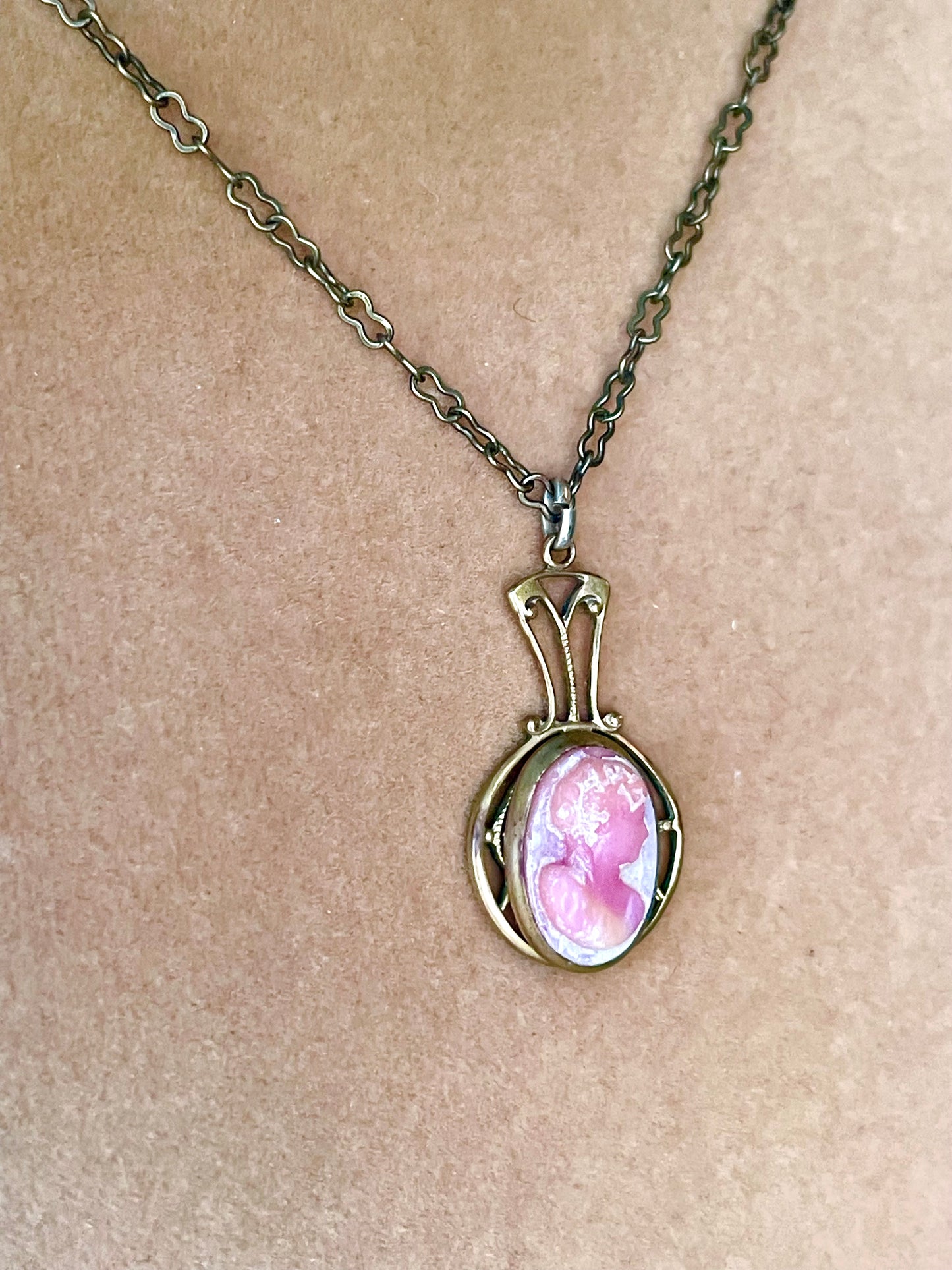 Delicate Pink & White Art Glass Cameo in Brass Art Nouveau Setting Necklace