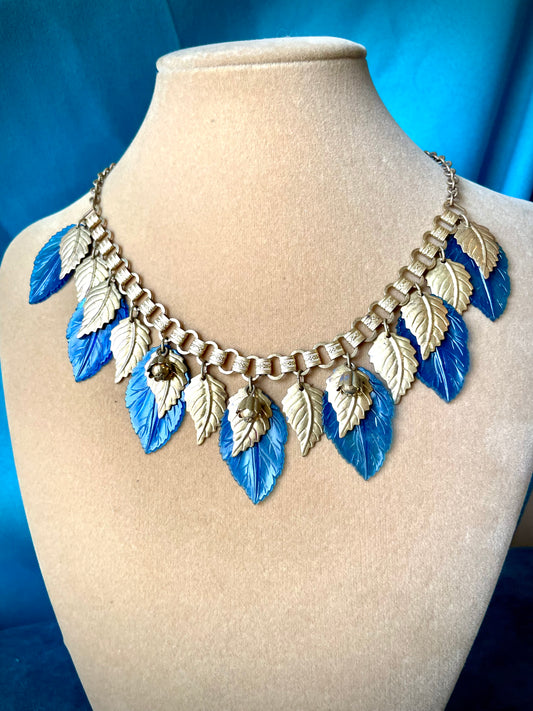 Miriam Haskell Embossed Brass & Turquoise Translucent Early Plastic Leaf & Bell Victorian Booklink Choker Necklace