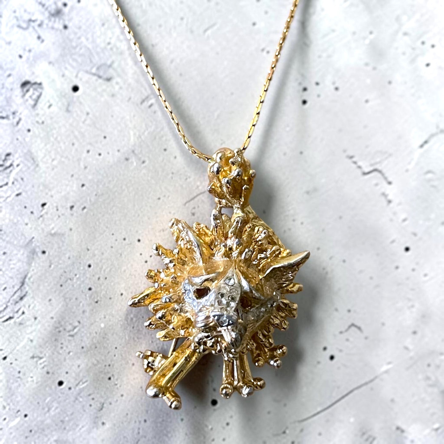 Vintage Hollywood Regency Gold & Silver Articulating Crystal Figural Lion Convertible Brooch/Necklace Pendant