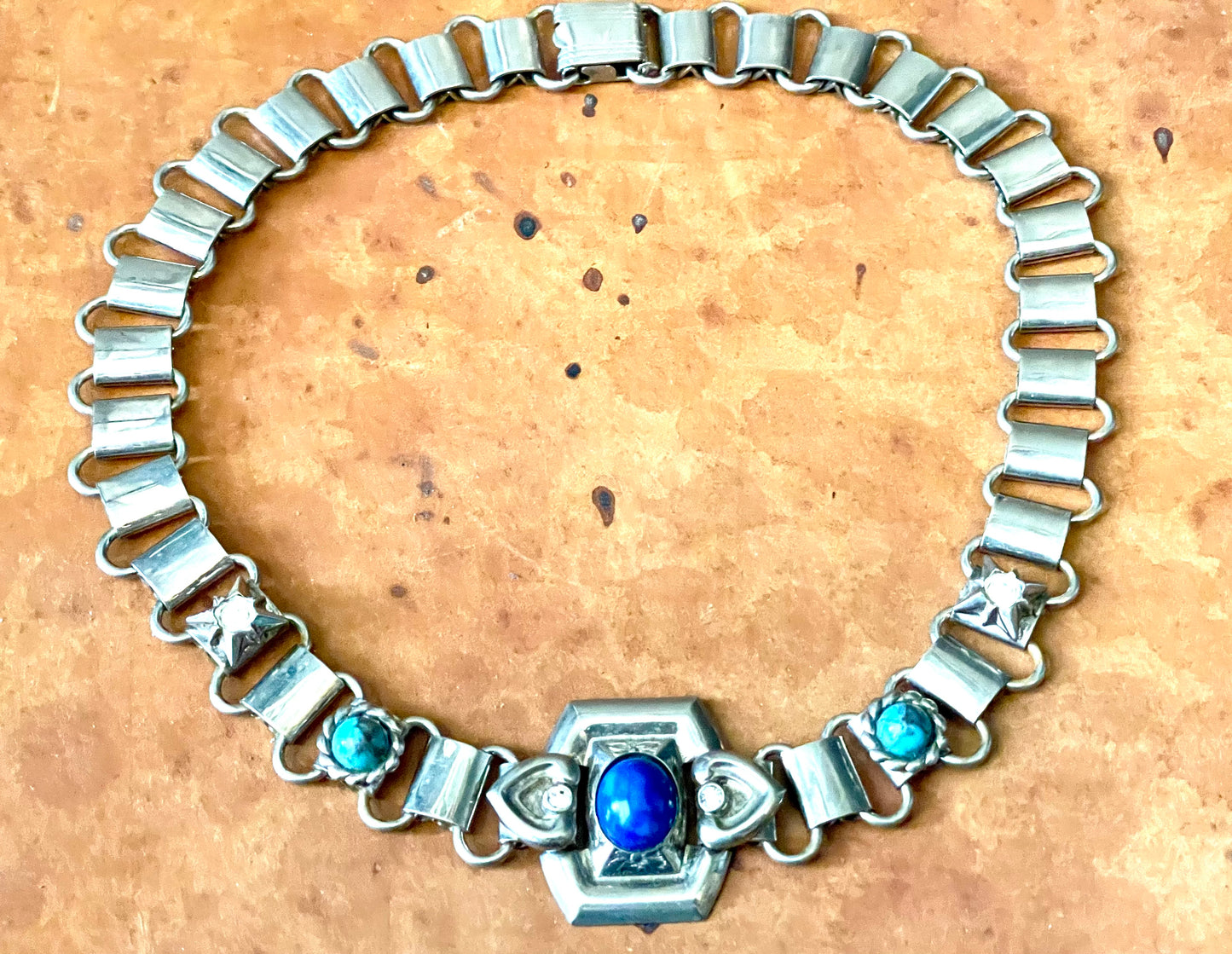 Victorian Chunky Silver Book-link Chain, Blue Lapis & Turquoise Art Glass & Crystal Rhinestone Collar Necklace