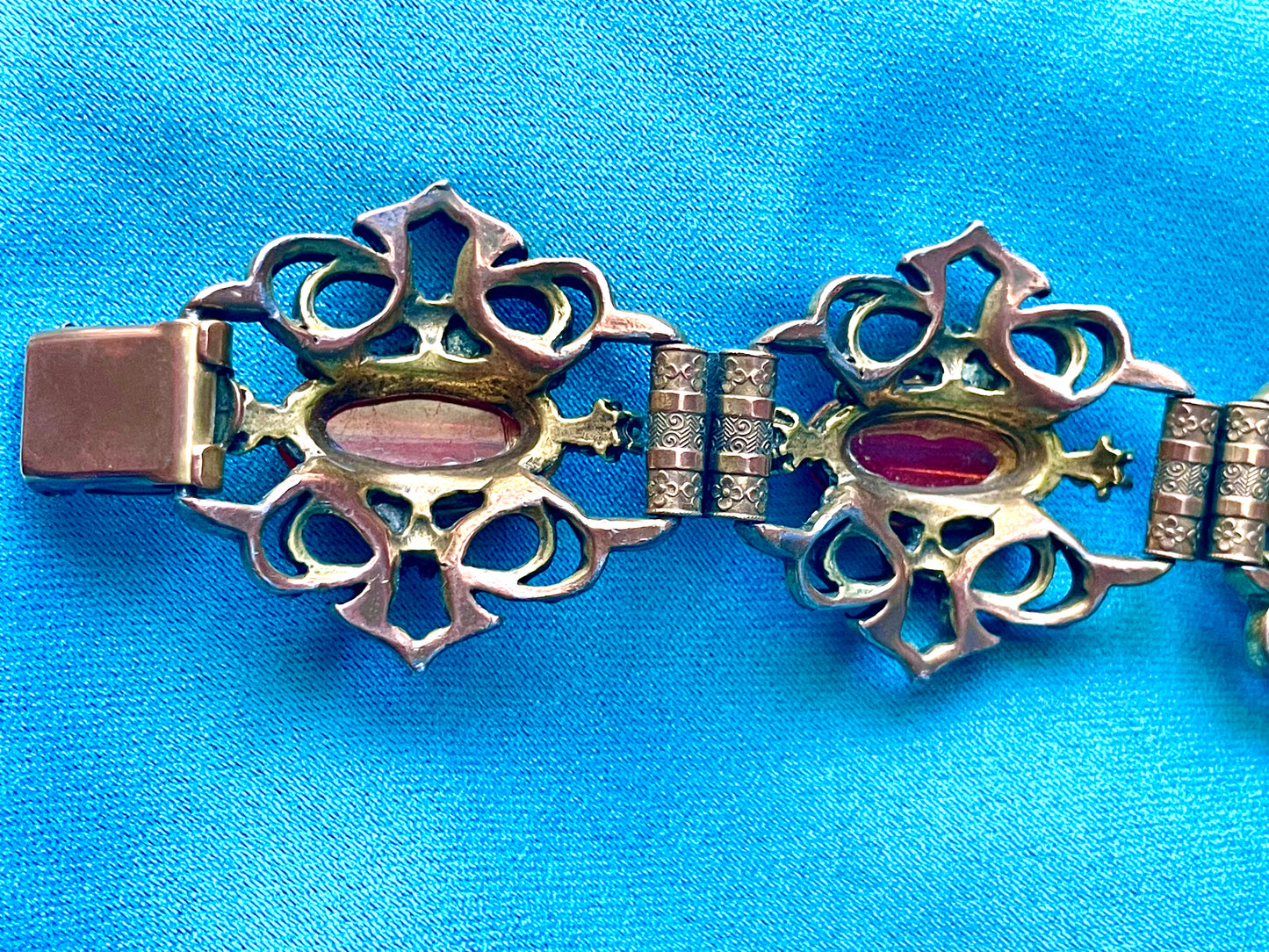 Heavy Brass Booklink Red-Orange Faux Amber Celluloid, Green Crystal & Pearl Panel Link Bracelet