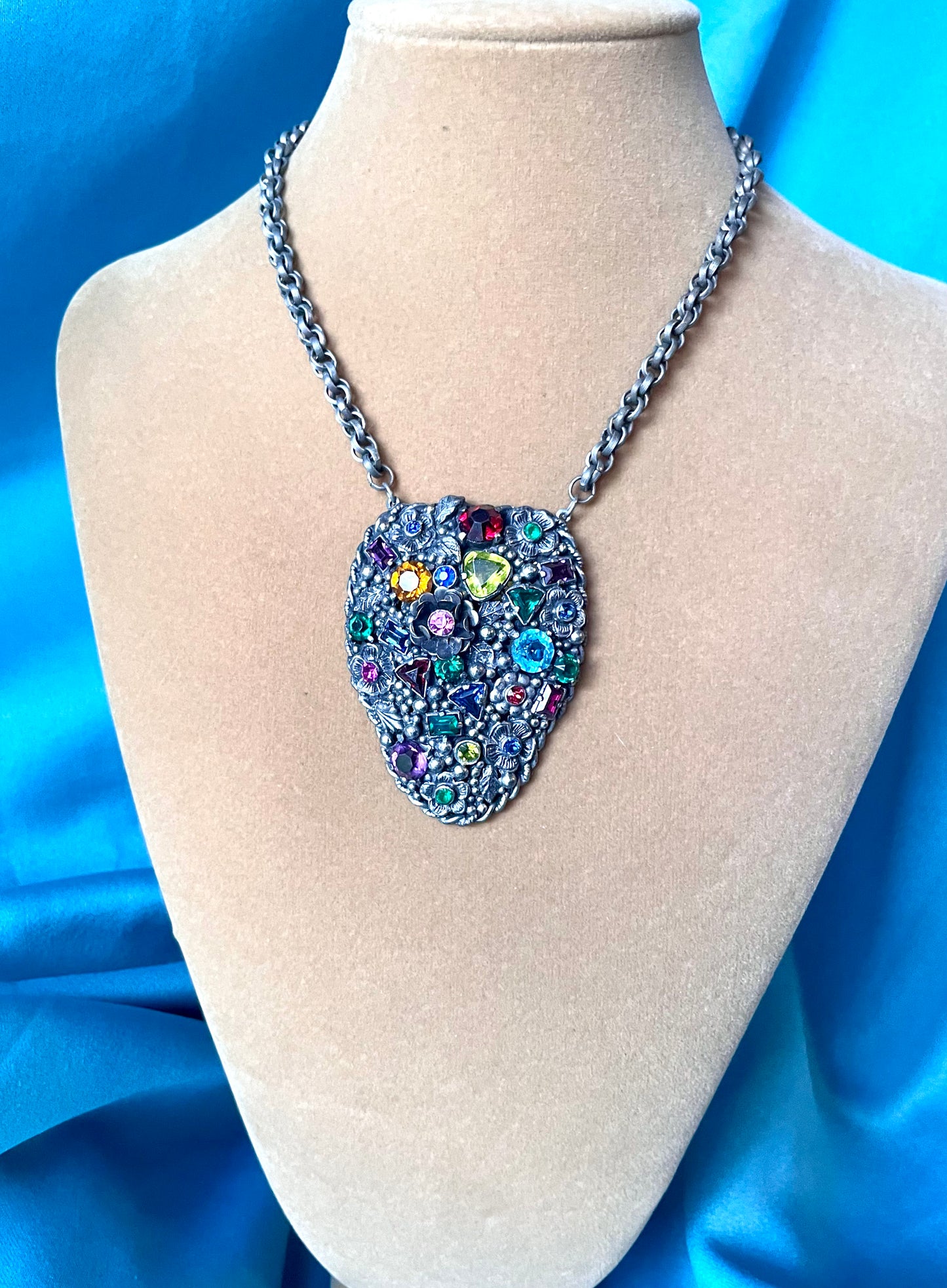 Incredible Fruit Salad Multicolor Rainbow Crystal Floral Art Nouveau Pendant Necklace