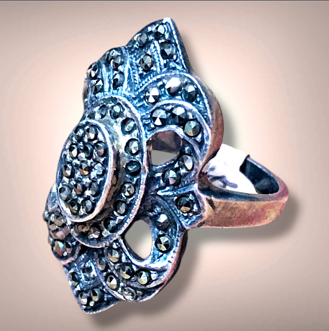 Art Deco Sterling Silver & Marcasite Opulent Flourish Ring