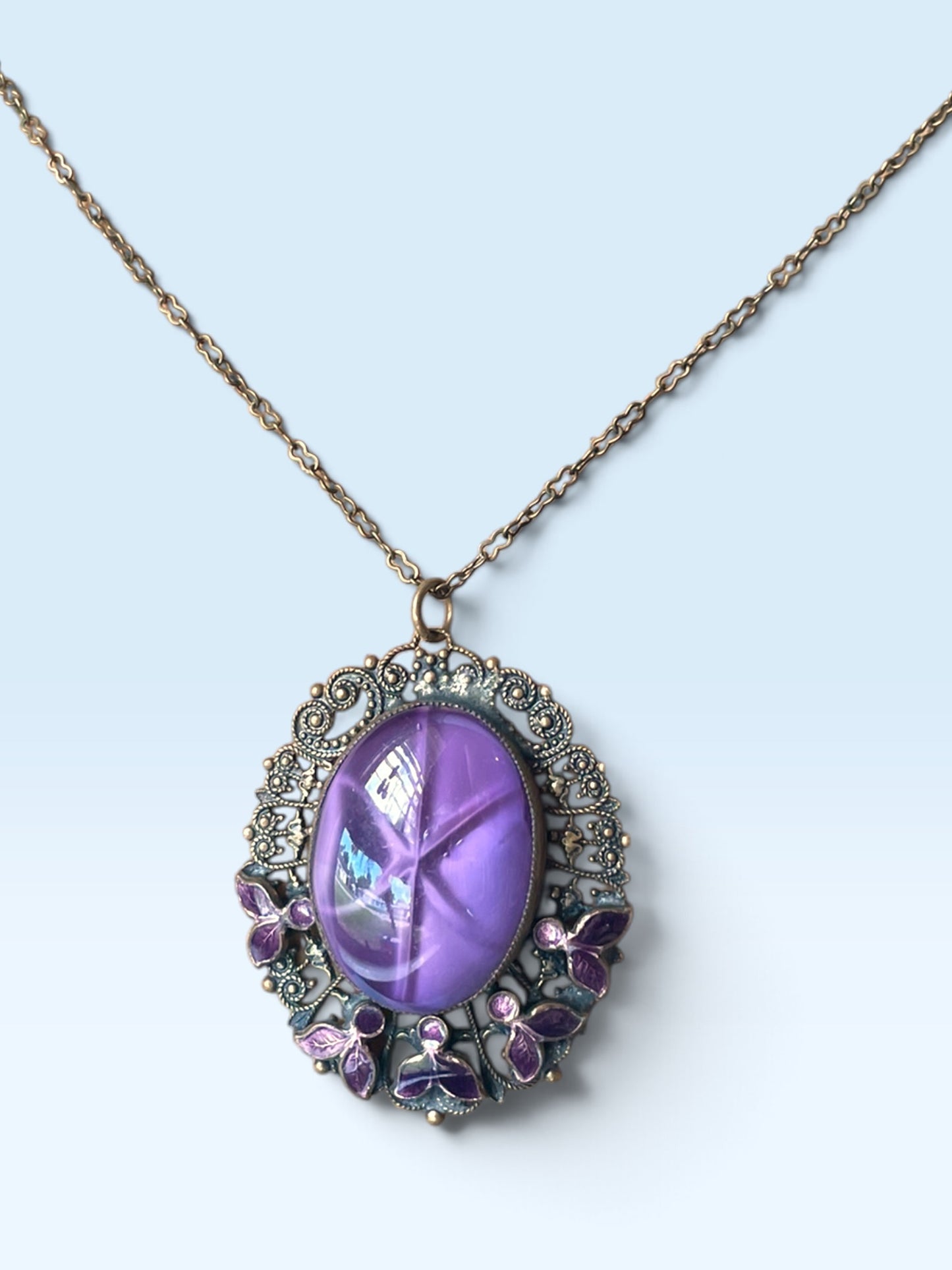 Art Nouveau Nieger Brothers Purple Cat Eye Star Art Glass Enamel Flower Brass Filigree Necklace