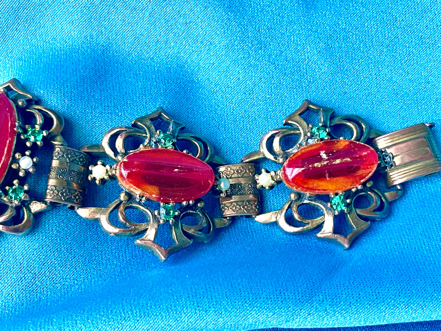 Heavy Brass Booklink Red-Orange Faux Amber Celluloid, Green Crystal & Pearl Panel Link Bracelet