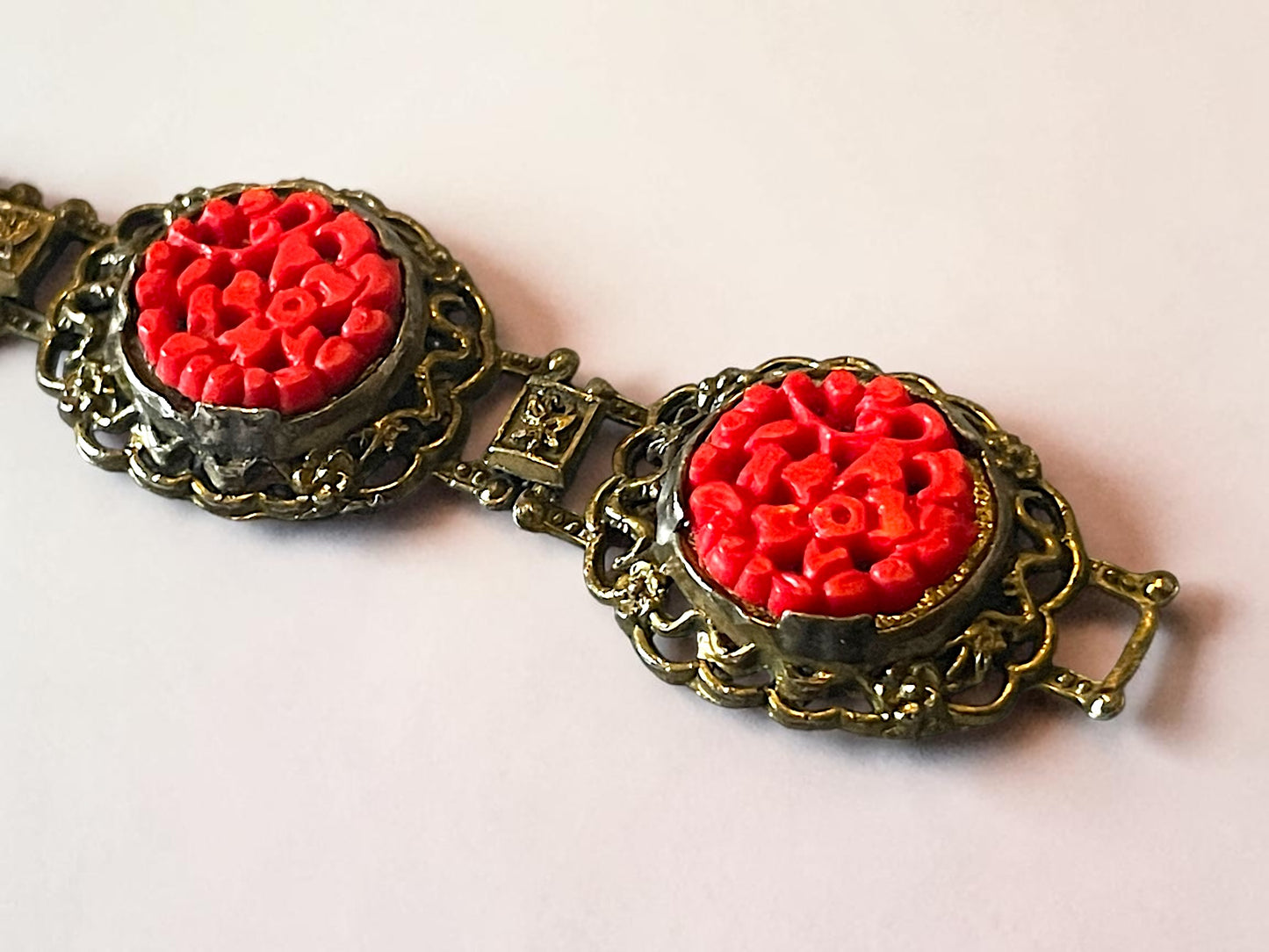Art Nouveau Red Cinnabar Brass Flowers & Butterflies Panel Bracelet