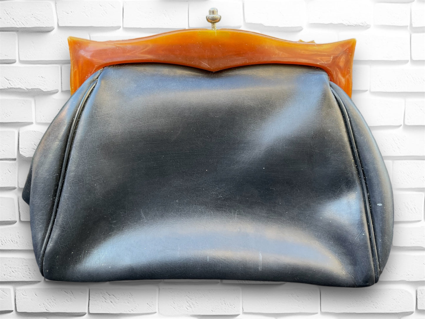 Vintage 1940’s Black Purse with Marble Amber Lucite Frame & Pressure Clasp Handbag