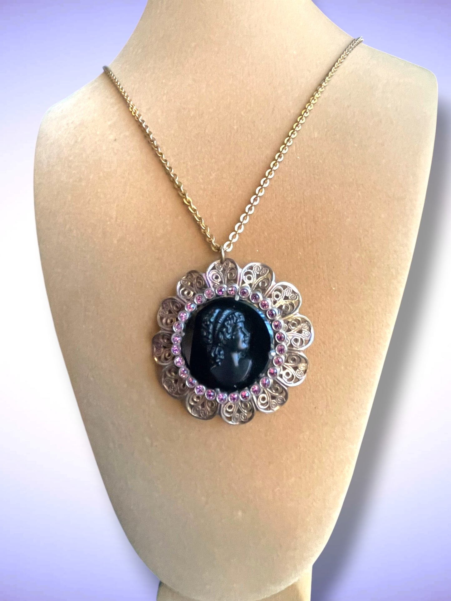 Czechoslovakian Brass Filigree, Purple Crystal, Black Art Glass Mourning Cameo Necklace
