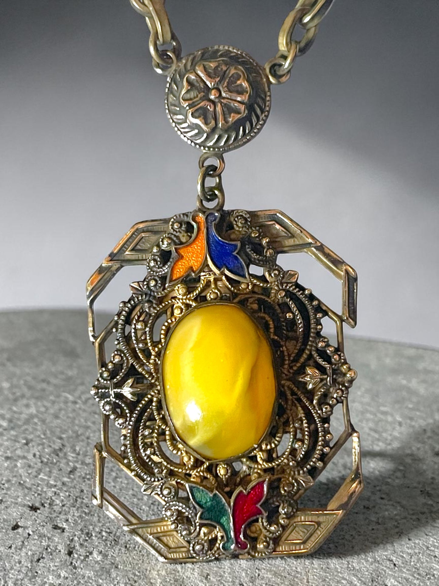 Art Nouveau Czech Brass Filigree Yellow Marbled Art Glass & Guilloché Necklace