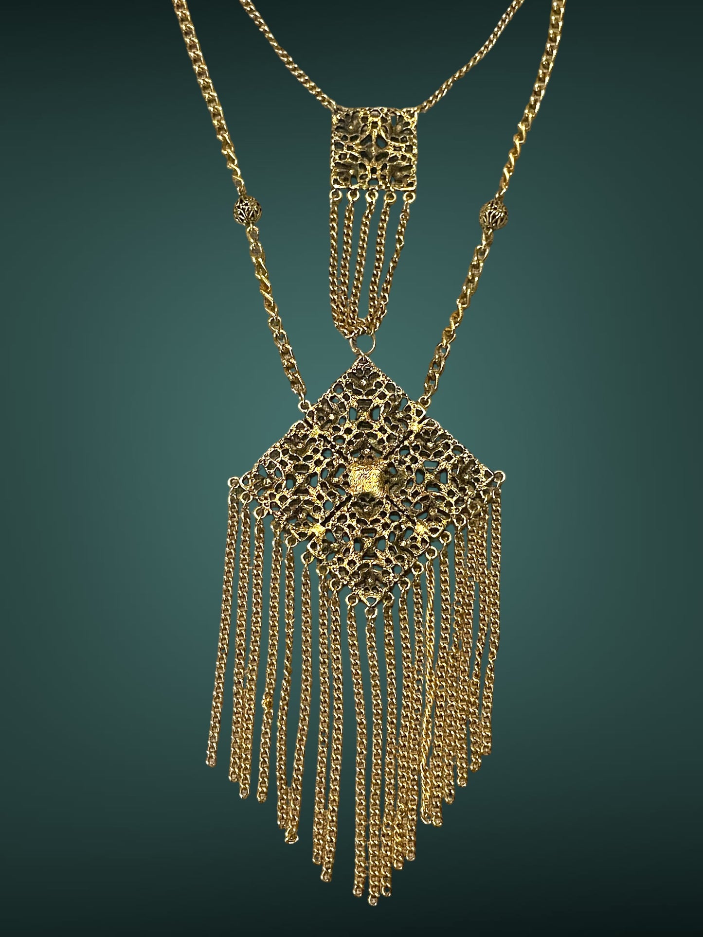 Art Nouveau Czech Gold Filigree Chestplate Turquoise Chain Dangle Festoon Necklace