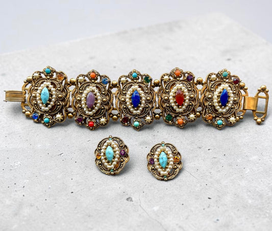 Ornate Victorian Bookchain Gold Brass Filigree Openwork Designer Crystal, Art Glass & Pearl Bracelet & Earring Demi Parure
