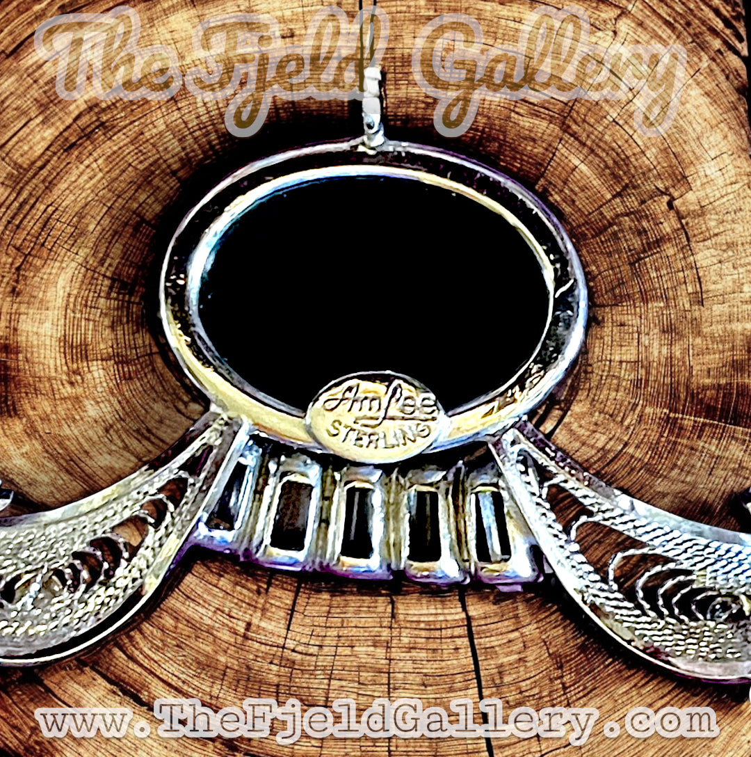 Vintage Art Deco Onyx & Crystal Amy Lee Sterling Filigree Necklace