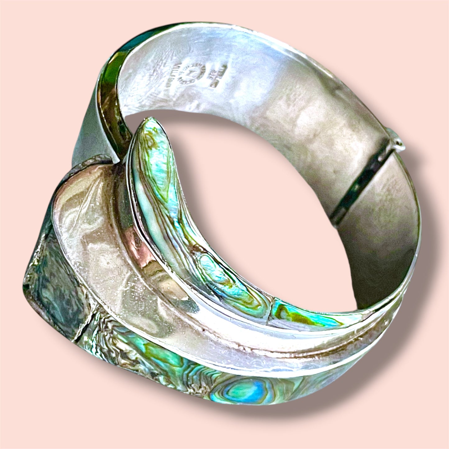Taxco Sterling Ailver 925 Villisana Designer Abalone Hinged Clamper Bangle Bracelet