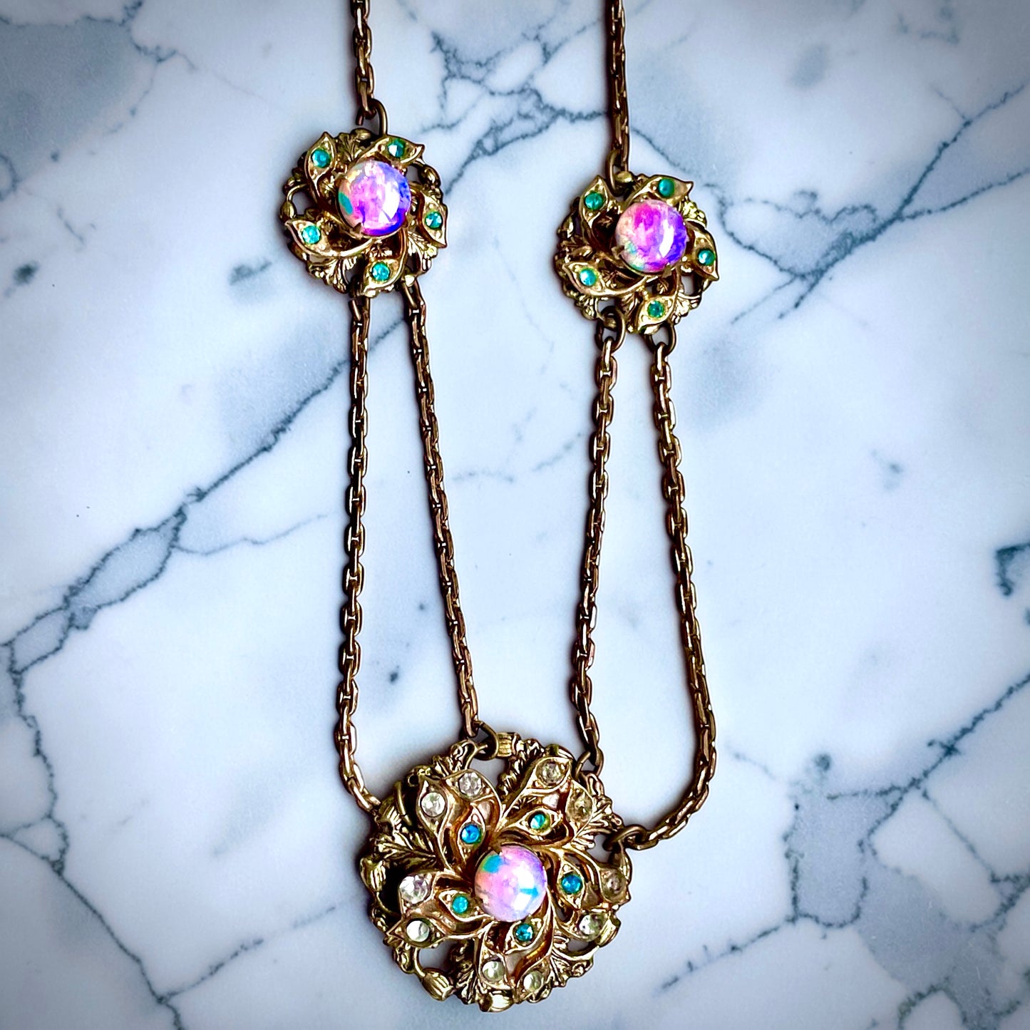 Edwardian Pink Gold Foil Art Glass Dragons Breath Fire Opal Festoon Necklace