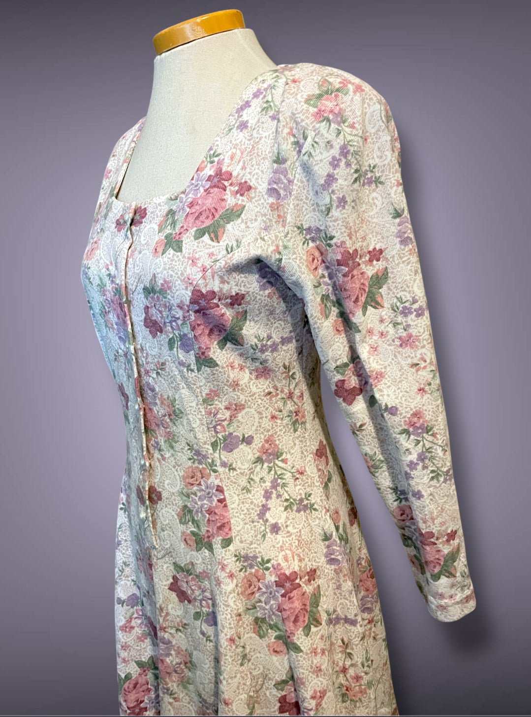 1990’s Pink Floral Rose Print Pearl Button Up Long Sleeve A-Line Dress