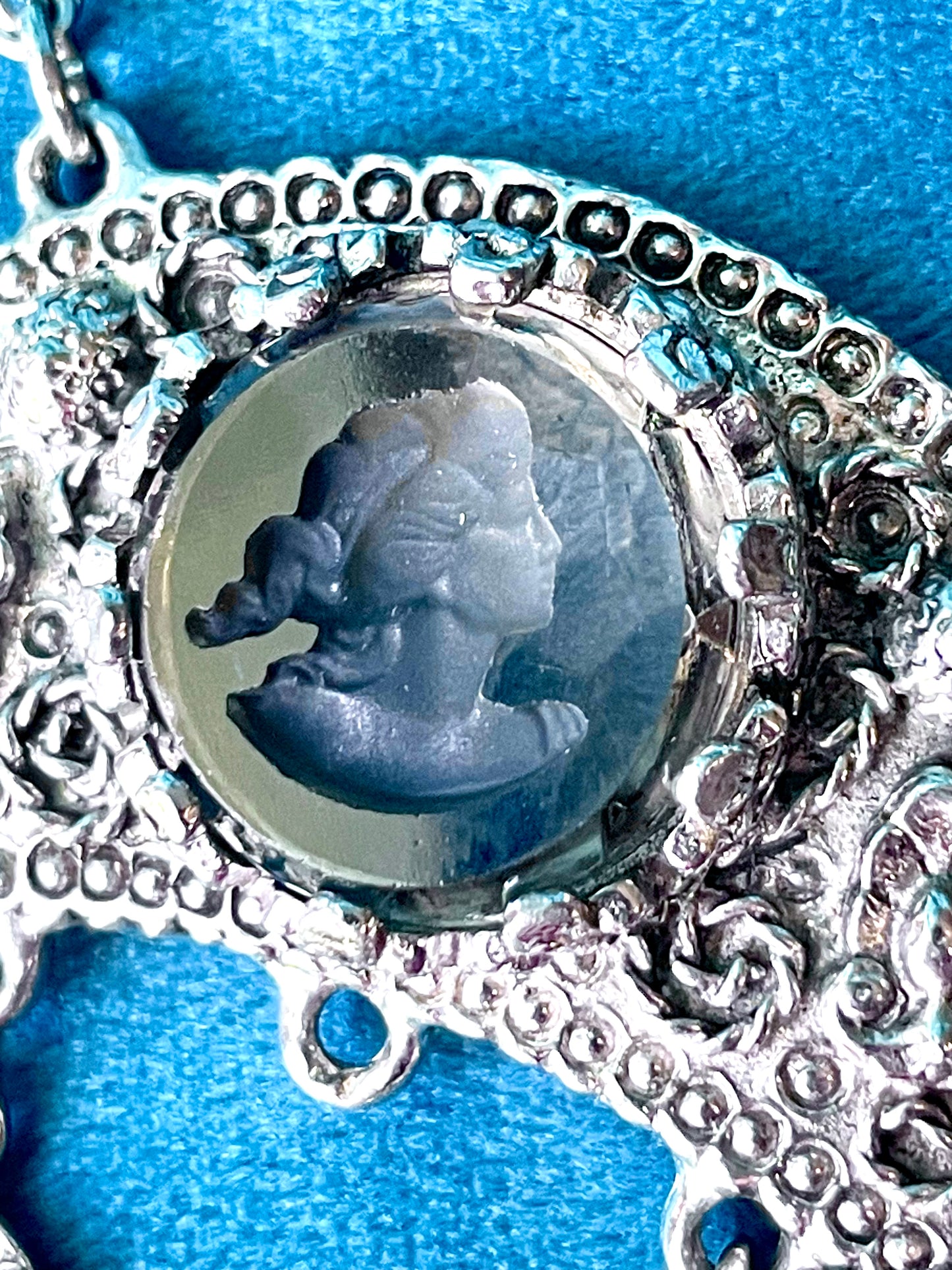 Grey Faceted Intaglio Cameo Crescent Moon Dangling Crystal Vintage Necklace